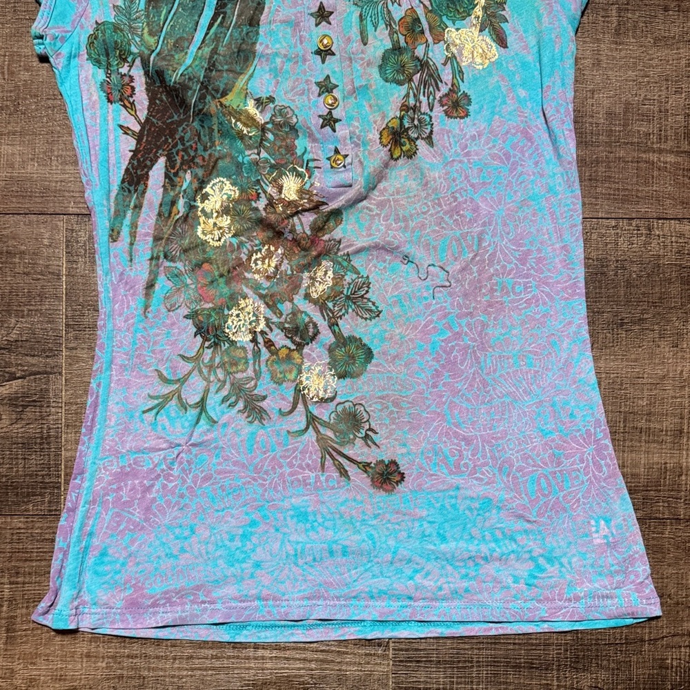 Floral Print Women's Top - Blue and Green - Picture 3 of 6